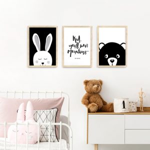 A3 Animal Monochrome Nursery Framed Print Set – natural wood picture frames | bunny, bear and Dr Suess