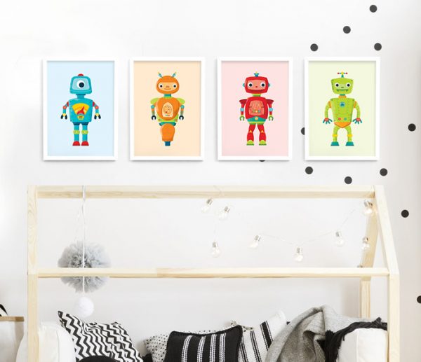 Robot frame set – white framed robot prints
