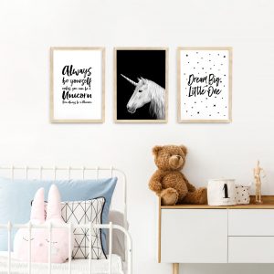 Unicorn framed print nursery art A3 natural wood frames