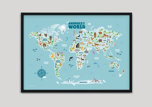 Animal World Map Art black frame
