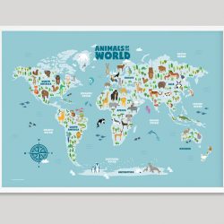 Animal World Map Art white frame