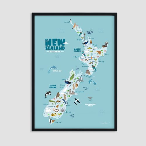 Animals of New Zealand Map print, black frame, nursery wall art