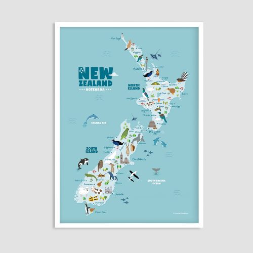 Animals of New Zealand Map print, white frame, nursery wall art