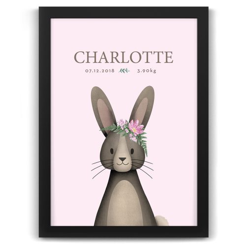 Bunny Rabbit Personalised Baby Birth Print – Black Frame