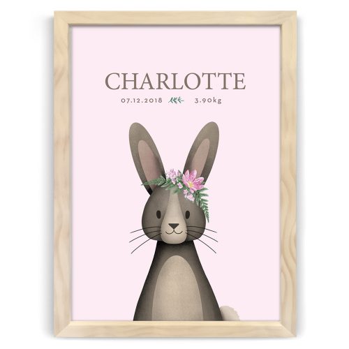 Bunny Rabbit Personalised Baby Birth Print – Natural Wood Frame