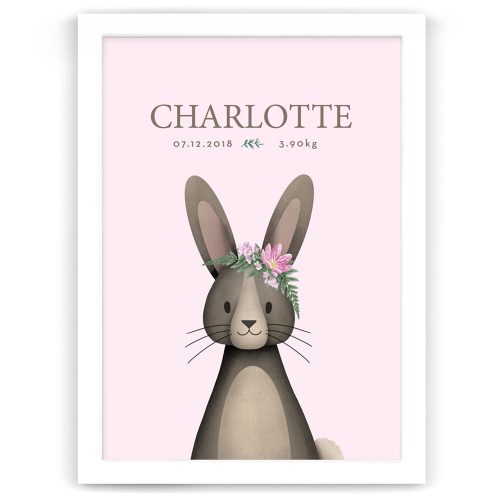 Bunny Rabbit Personalised Baby Birth Print – White Frame
